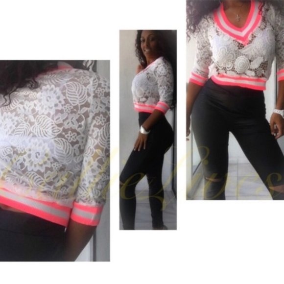 Lace Cardigan Pink Stripe White Varsity Top - Picture 5 of 5